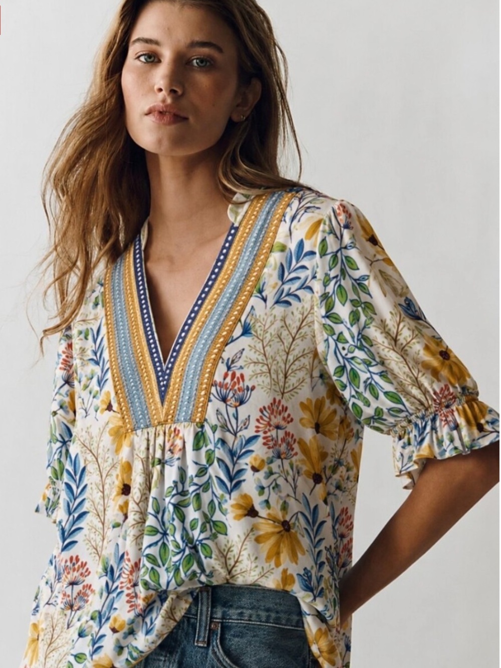Anthropologie Bl-nk London Stephanie Floral Top Small V Neck Boho Blouse
